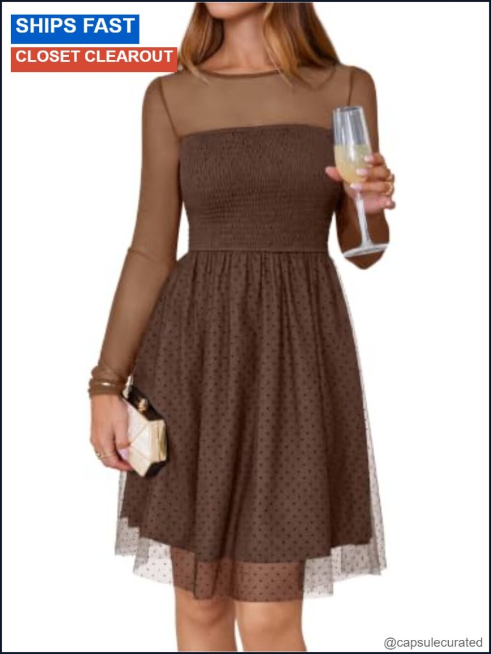Sheer Mesh A Line Mini Cocktail Party Dress Long Sleeve Smocked